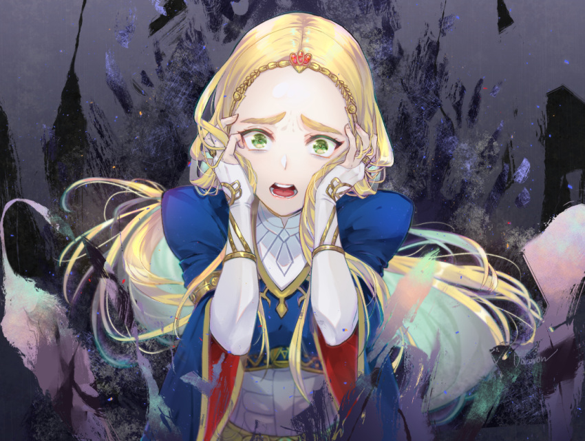 1girl blonde_hair braid breasts bridal_gauntlets despair dororon1 elbow_gloves fingerless_gloves floating_hair gloves green_eyes hands_on_own_cheeks hands_on_own_face jewelry long_hair open_mouth princess_zelda ring small_breasts solo the_legend_of_zelda the_legend_of_zelda:_breath_of_the_wild triforce upper_body white_gloves