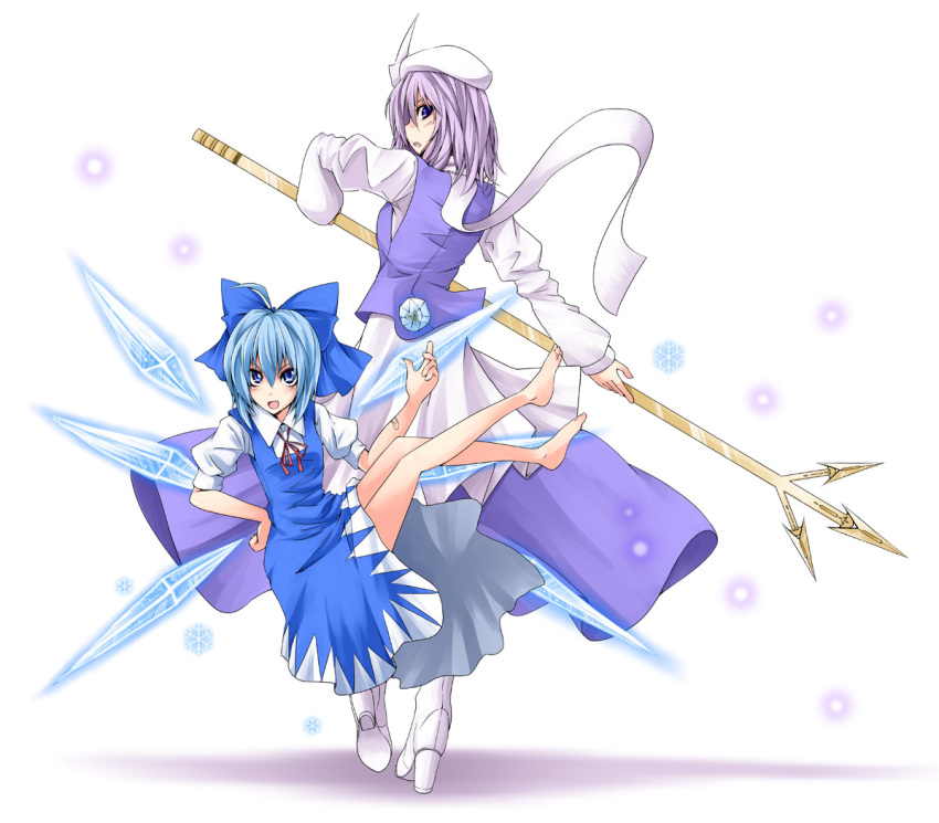 blue_hair boots cirno hat high_heels letty_whiterock mitsuharu_iseki multiple_girls polearm shoes snowflakes touhou trident weapon