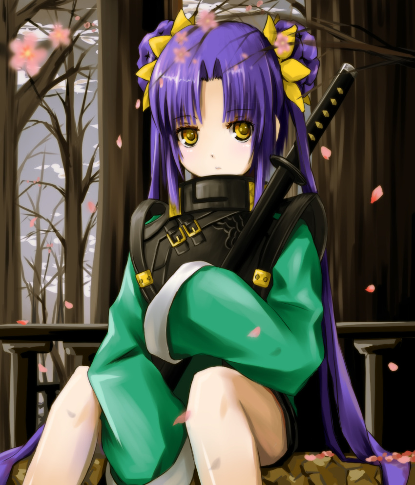 highres kikokugai kong_ruili long_hair max0201 purple_hair sitting solo sword weapon yellow_eyes