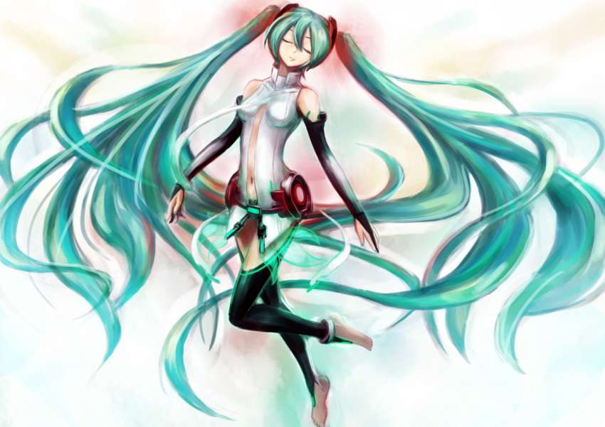 anklet aqua_hair barefoot belt bridal_gauntlets closed_eyes elbow_gloves fingerless_gloves floating gloves hatsune_miku hatsune_miku_(append) jewelry legs long_hair miku_append musclecar navel necktie solo thigh-highs thighhighs toeless_socks twintails very_long_hair vocaloid vocaloid_append zettai_ryouiki