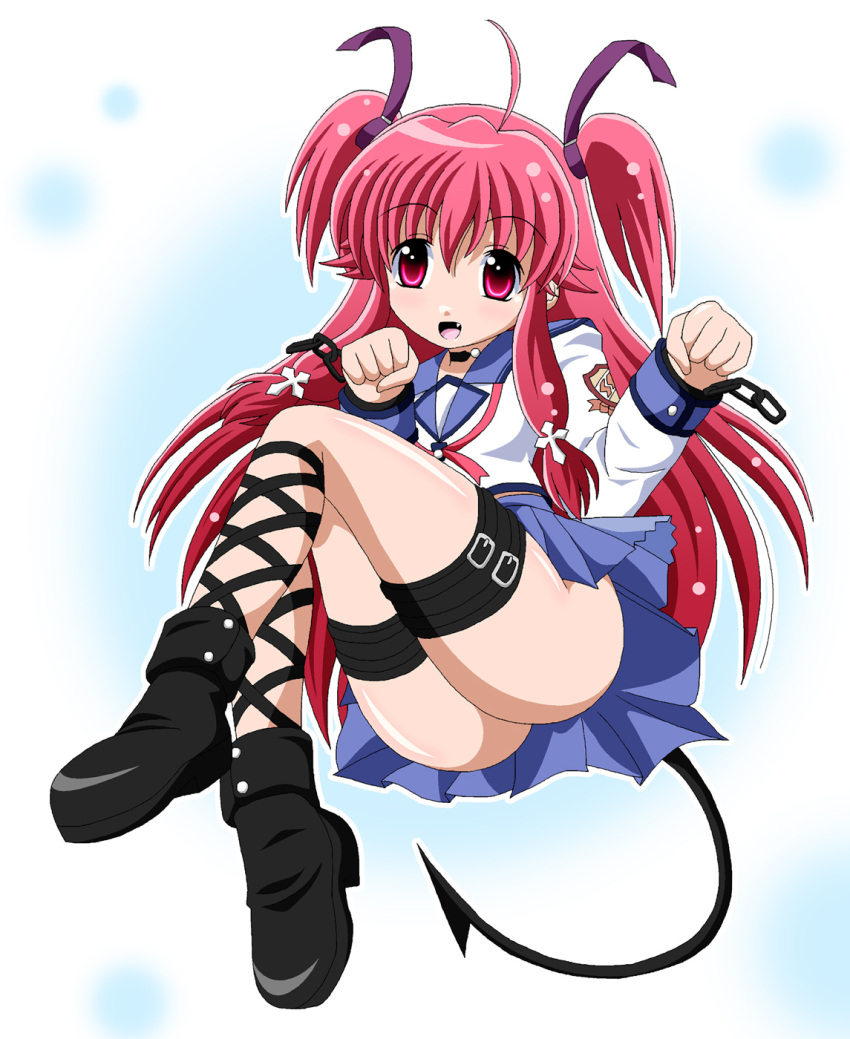 angel_beats! ankle_lace-up chain cross cross-laced_footwear demon_tail fang hair_ribbon highres imai_kazunari long_hair pink_eyes pink_hair ribbon school_uniform serafuku tail thigh_strap twintails upskirt yui_(angel_beats!)