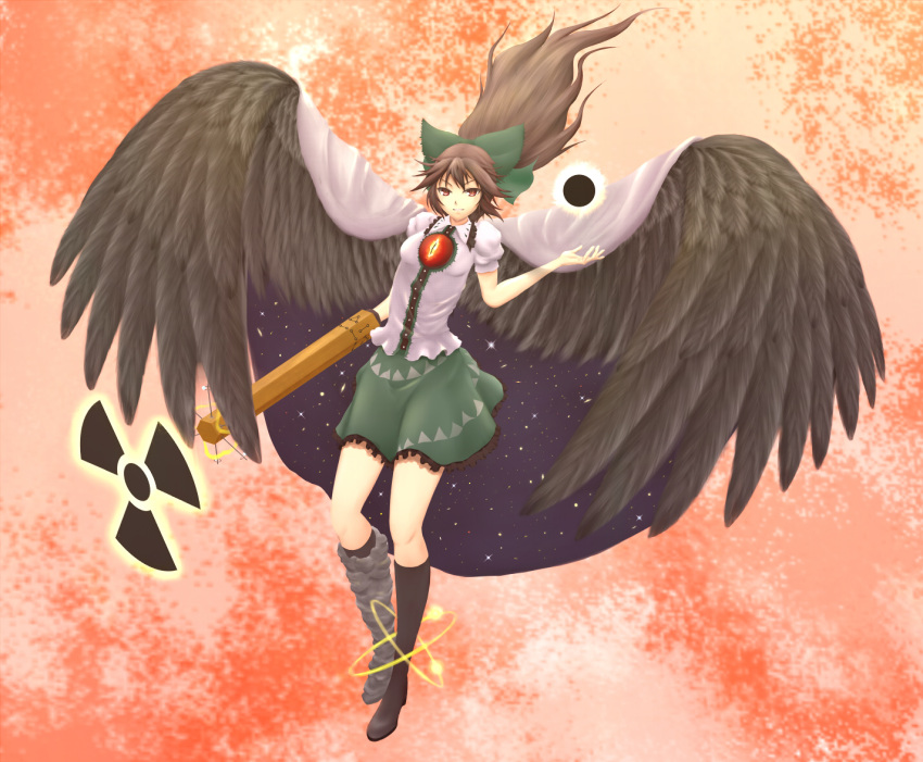 asymmetrical_clothes black_hair black_legwear black_sun black_wings bow brown_hair cape eyes hair_bow kneehighs long_hair mismatched_footwear nishiki_hb radiation_symbol red_eyes reiuji_utsuho slit_pupils smile solo touhou tsurime weapon wings