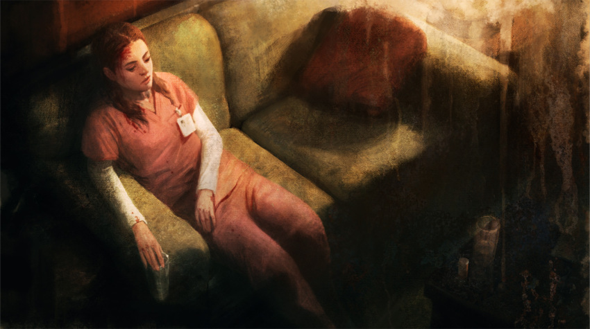 bandage bandages blood concept_art couch cup dark drink drugged dying glass id_card injury konami lisa_garland nurse official_art pill pillow pink realistic silent_hill silent_hill:_shattered_memories silent_hill_1 sitting sleeping solo table traditional_media watercolor_(medium)