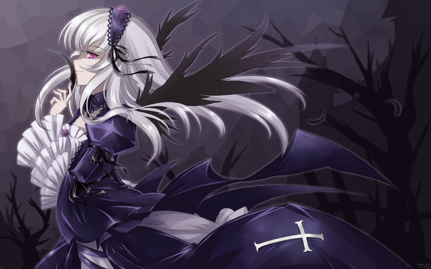 feathers frills hairband mtyy purple_eyes rozen_maiden silver_hair solo suigintou violet_eyes wallpaper wind wings