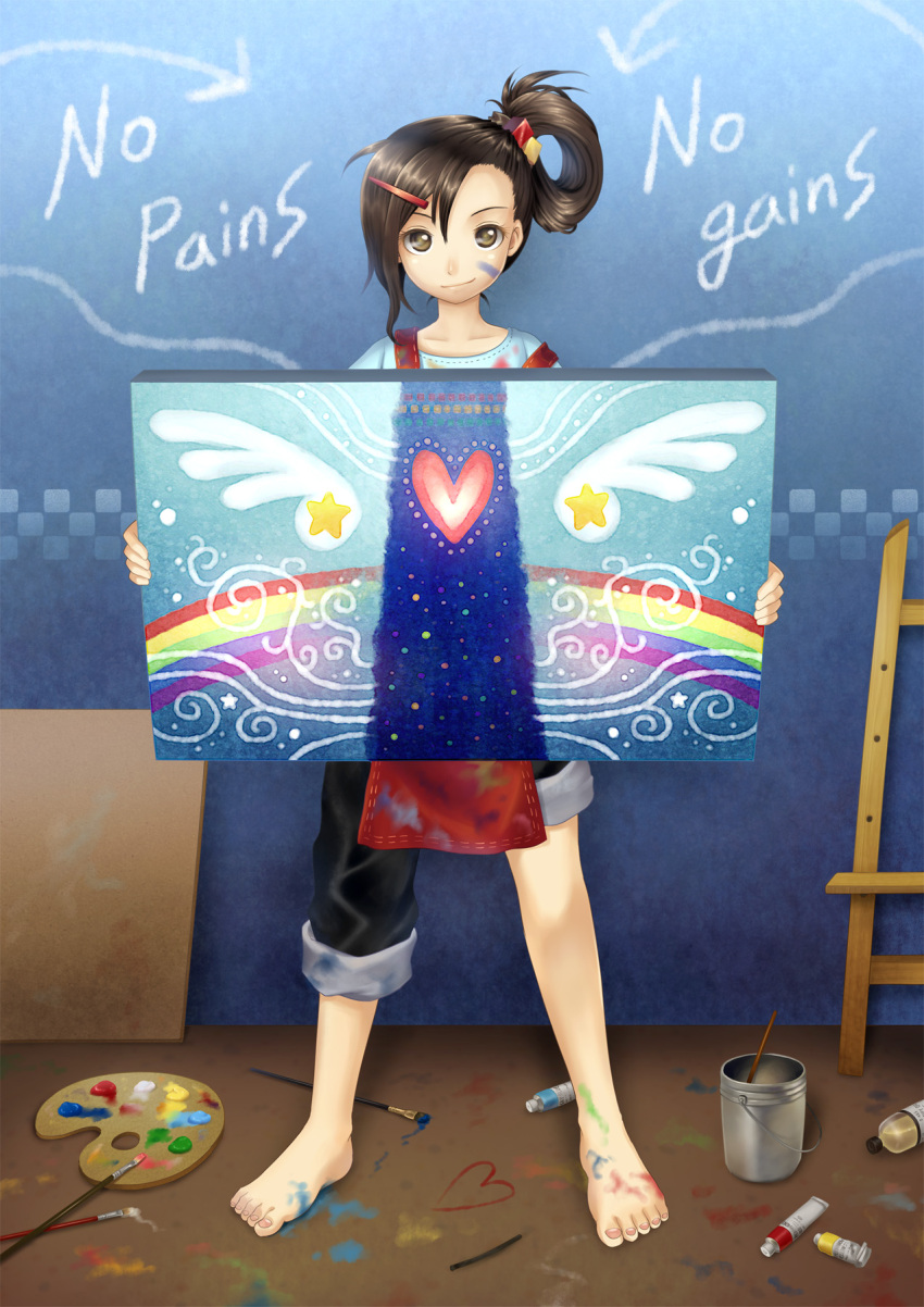 asymmetrical_clothing barefoot brown_eyes brown_hair easel english feet hair_bobbles hair_ornament hairclip heart highres holding mauve messy oekaki_musume original paint paint_stains paintbrush painting palette rainbow short_hair side_ponytail smile solo star
