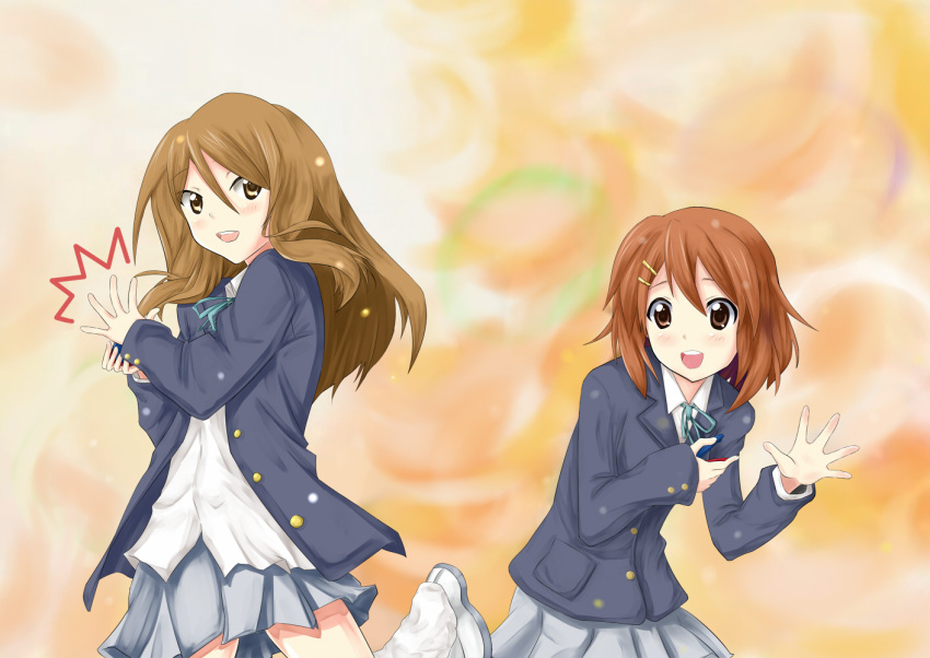 brown_eyes brown_hair castanets dancing extra hirasawa_yui instrument k-on! long_hair loose_socks mitsuki_shion multiple_girls polka_dot school_uniform short_hair socks tachibana_himeko un_tan