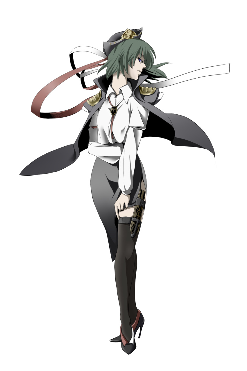 black_legwear blue_eyes ghost_in_the_shell ghost_in_the_shell_stand_alone_complex green_hair hat high_heels highres holster parody ripton_sabo rod_of_remorse shikieiki_yamaxanadu shoes short_hair thigh-highs thigh_holster thighhighs touhou transparent_background