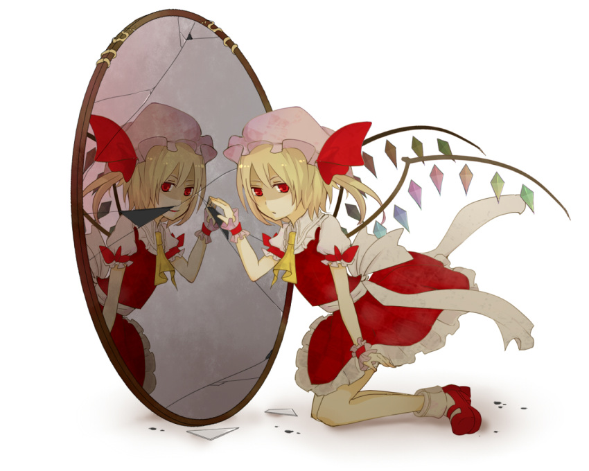 blonde_hair broken_mirror different_reflection flandre_scarlet mirror ponytail red_eyes reflection short_hair side_ponytail touhou wings