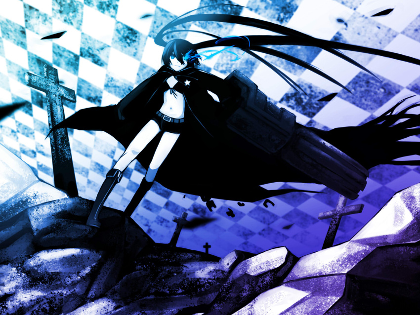 bad_id bangs belt bikini_top black_hair black_rock_shooter black_rock_shooter_(character) blue blue_eyes boots chain checkered cloak coat cross flat_chest front-tie_top gloves glowing glowing_eyes gun highres hood hooded_jacket jacket kawazu knee_boots long_hair midriff monochrome pale_skin short_shorts shorts solo star twintails uneven_twintails very_long_hair weapon