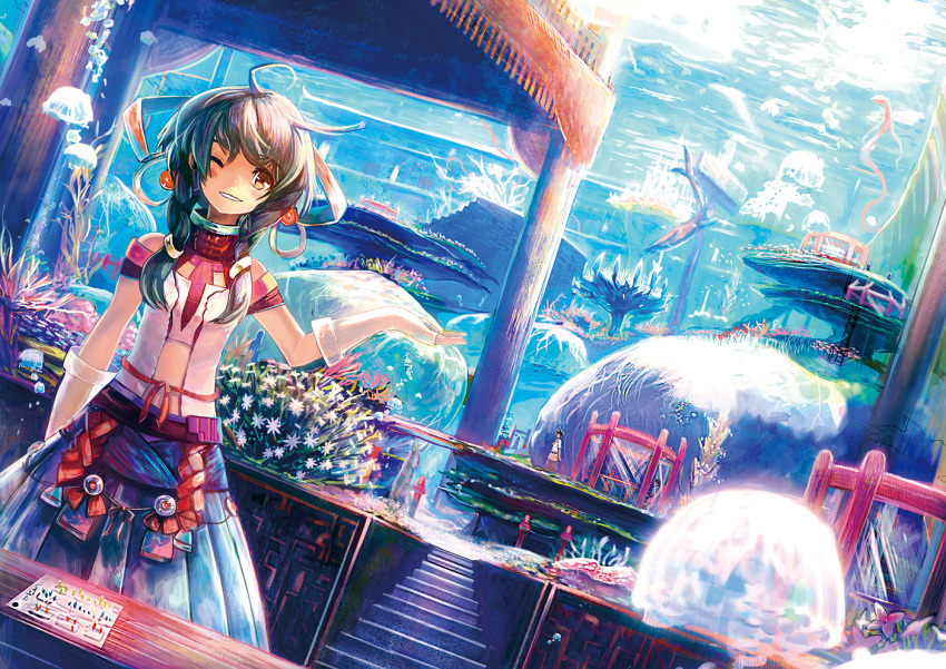 1girl blush brown_hair bubble coral fish hair_ornament jellyfish jinichi original short_hair skirt smile solo twintails underwater wink