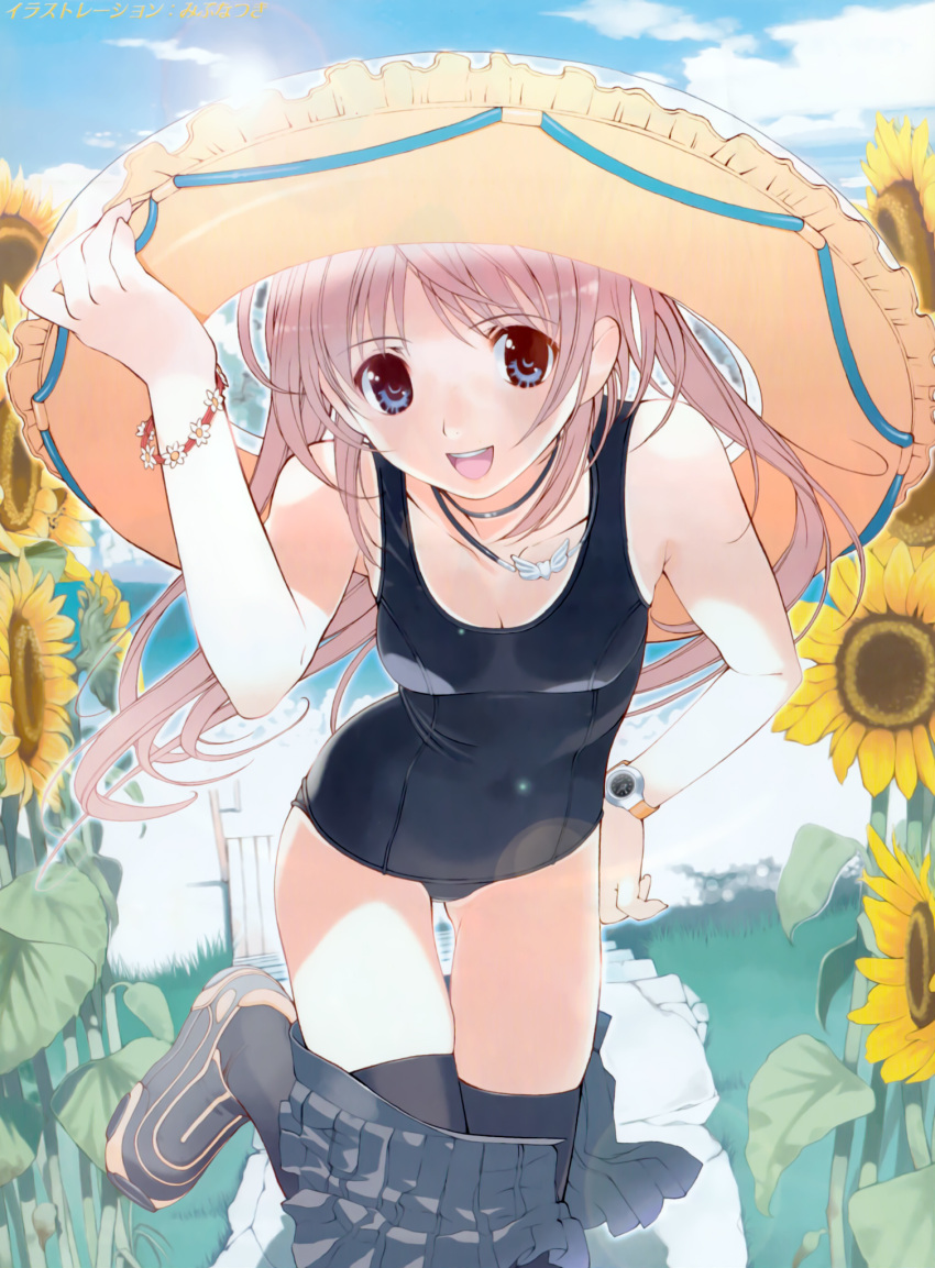black_thighhighs blue_eyes bracelet breasts brown_hair cleavage flower hand_on_hip highres innertube jewelry leaning long_hair mibu_natsuki necklace one-piece_swimsuit open_mouth original school_swimsuit skirt skirt_pull sky smile solo sunflower swimsuit thigh-highs thighhighs twintails undressing watch wristwatch