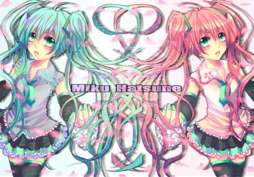 ahoge alternate_color detached_sleeves dual_persona frills green_eyes hatsune_miku nail_polish necktie open_mouth outstretched_arm petals pleated_skirt sakura_miku symmetry thigh_boots twintails very_long_hair vocaloid zettai_ryouiki