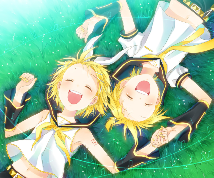 brother_and_sister from_above grass hand_holding holding_hands kagamine_len kagamine_rin laughing lying nail_polish on_back short_hair siblings smile twins vocaloid yuuno_(yukioka)