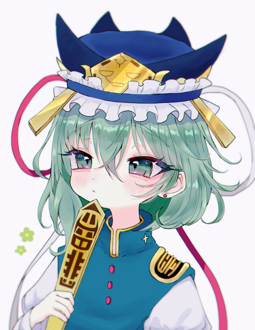 1girl :&lt; asymmetrical_hair balance_scale bangs blue_headwear closed_mouth earrings epaulettes eyebrows_visible_through_hair frilled_hat frills green_eyes green_hair hair_between_eyes hat highres holding jewelry looking_to_the_side renakobonb rod_of_remorse shiki_eiki short_hair simple_background solo touhou upper_body weighing_scale white_background