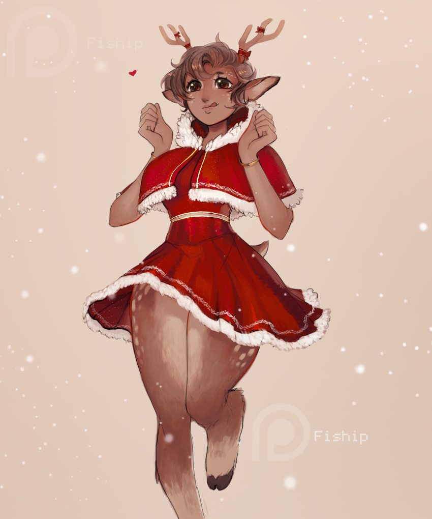 1girl :q absurdres animal_ears animal_feet animal_nose antlers artist_name bracelet brown_eyes brown_hair capelet dark-skinned_female dark_skin deer_antlers deer_ears deer_girl deer_tail dress english_commentary fur-trimmed_capelet fur-trimmed_dress fur_trim furry furry_female hand_up heart highres hood hood_down hooded_capelet hooves jewelry matilda_fiship original red_capelet red_dress santa_costume satyr short_hair simple_background solo standing standing_on_one_leg tail tongue tongue_out watermark