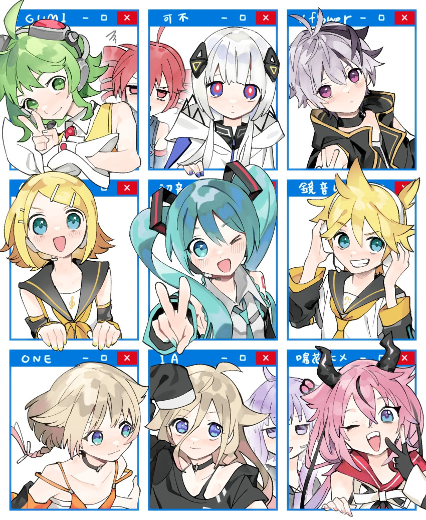 &gt;_o 1boy 6+girls ahoge annoyed aqua_eyes aqua_hair aqua_nails aqua_necktie bangs bare_arms bare_shoulders bass_clef black_collar black_gloves black_jacket black_shirt black_sleeves blonde_hair blue_eyes blue_nails blue_shirt blue_sleeves bow braid brooch cevio choker coat collar collarbone collared_shirt commentary criss-cross_halter detached_sleeves drill_hair elbow_gloves empty_eyes flower_(vocaloid) gloves goggles goggles_on_head green_eyes green_hair grey_shirt grid grin gumi hair_bow hair_flaps hair_ornament hairclip halterneck hands_on_headphones hands_up hatsune_miku headphones headset highres horns ia_(vocaloid) jacket jewelry kafu_(cevio) kagamine_len kagamine_rin kasane_teto long_hair looking_at_viewer meika_hime multicolored_eyes multicolored_hair multiple_girls nail_polish neckerchief necktie one_(cevio) one_eye_closed open_mouth partially_fingerless_gloves pendant_choker platinum_blonde_hair purple_hair red_collar red_eyes red_goggles redhead ringed_eyes sailor_collar sarashi shirt short_hair short_ponytail short_sleeves shoulder_tattoo single_elbow_glove sleeveless sleeveless_jacket sleeveless_shirt sleeves_past_fingers sleeves_past_wrists smile soyaka spaghetti_strap spiky_hair squiggle streaked_hair swept_bangs tattoo translated treble_clef twin_drills twintails upper_body utau v v-shaped_eyebrows v_flower_(vocaloid4) very_long_hair violet_eyes vocaloid white_bow white_coat white_hair white_shirt window_(computing) wrist_cuffs yellow_nails yellow_neckerchief yellow_necktie yellow_shirt yuzuki_yukari