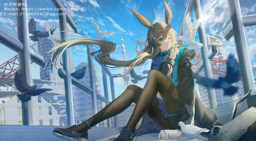 1girl ;) absurdres amiya_(arknights) animal_ears anklet arknights artist_name bird black_coat black_footwear black_legwear blue_eyes blue_skirt blue_sky brown_hair closed_mouth coat day floating_hair full_body highres jewelry knees_up lens_flare long_hair long_sleeves low_ponytail miniskirt multiple_rings one_eye_closed open_clothes open_coat outdoors pantyhose rabbit_ears railing ring ruins shoes sitting skirt sky smile solo teatix thighlet very_long_hair web_address wind