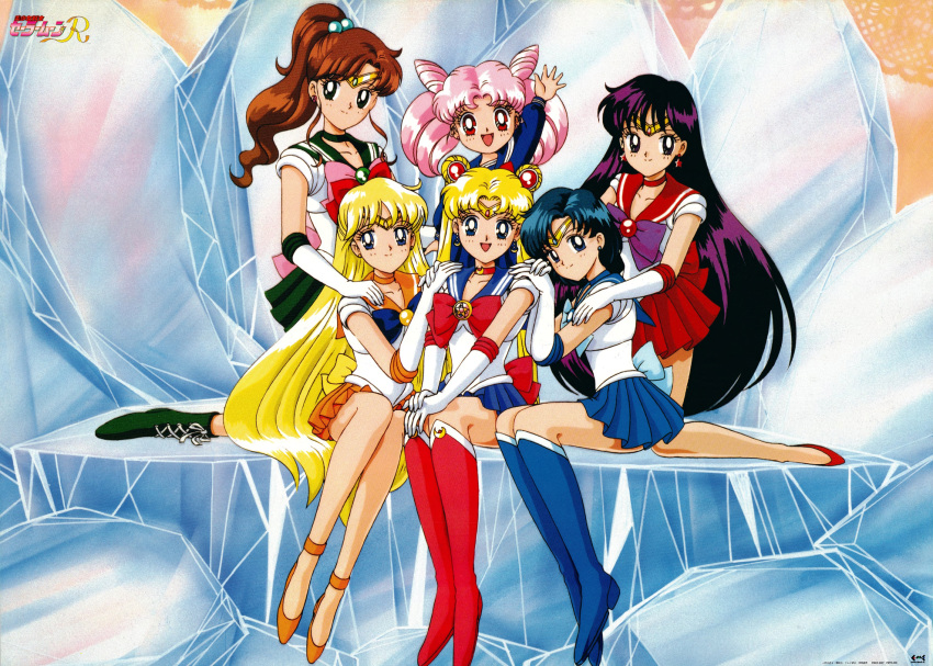 1990s_(style) 6+girls aino_minako arm_up back_bow bishoujo_senshi_sailor_moon black_eyes blonde_hair blue_eyes blue_footwear blue_hair blue_sailor_collar boots bow brooch brown_hair choker crescent crescent_choker crescent_earrings crystal double_bun earrings elbow_gloves gloves green_eyes green_footwear green_sailor_collar hair_bobbles hair_ornament hand_on_another's_shoulder hands_on_own_knees highres hino_rei inner_senshi jewelry kino_makoto knee_boots kneeling logo long_hair long_sleeves looking_at_viewer magical_girl miniskirt mizuno_ami multiple_girls non-web_source official_art open_mouth orange_footwear orange_sailor_collar own_hands_together pink_hair pleated_skirt red_eyes red_sailor_collar retro_artstyle sailor_chibi_moon sailor_collar sailor_jupiter sailor_mars sailor_mercury sailor_moon sailor_senshi sailor_venus school_uniform short_hair sitting skirt smile standing star_(symbol) star_earrings strappy_heels stud_earrings tiara tsukino_usagi twintails v_arms very_long_hair