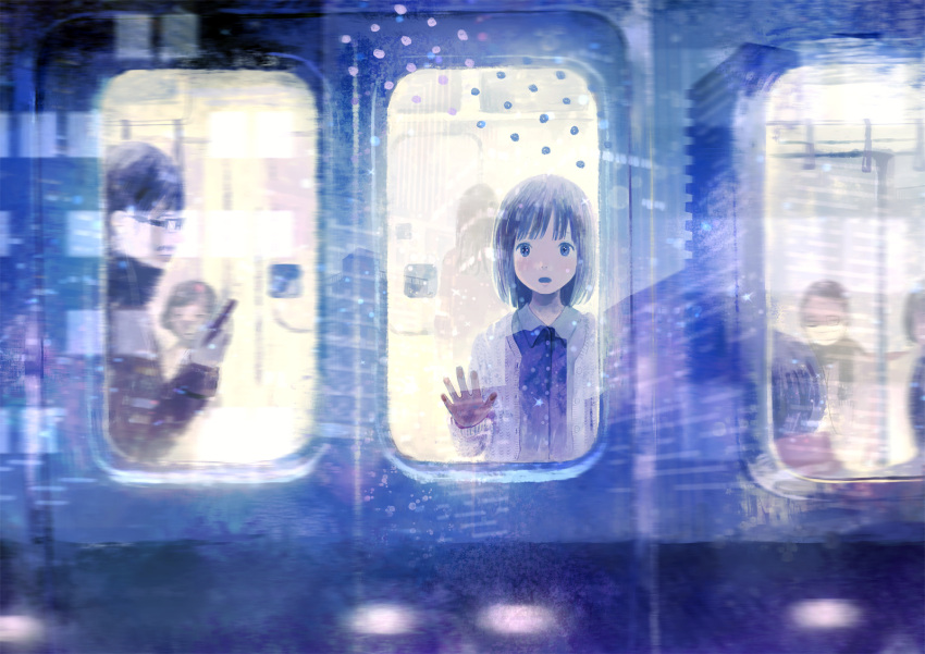 1girl against_glass brown_hair cardigan commentary from_outside glasses ground_vehicle hand_on_window highres looking_outside nakamura_hinata open_mouth original revision short_hair train window