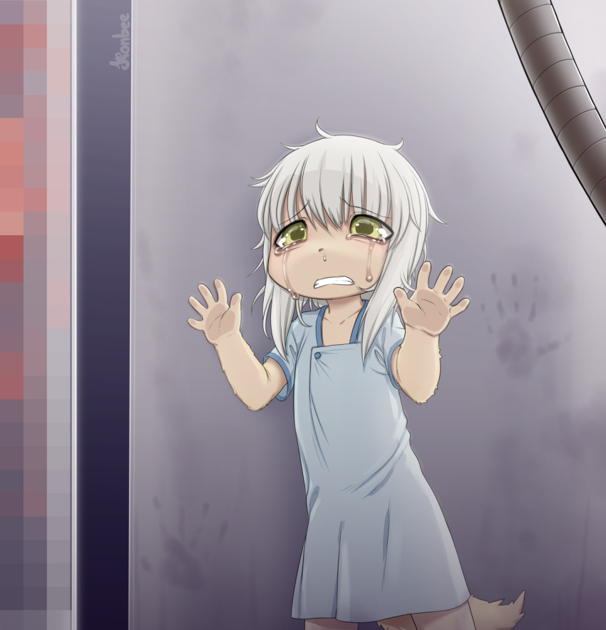 1girl against_wall blue_dress clenched_teeth cowboy_shot crying crying_with_eyes_open dress furry green_eyes grey_hair hand_print hands_up highres kionant looking_at_viewer made_in_abyss nanachi_(made_in_abyss) nanachi_(made_in_abyss)_(human) spoilers standing tail tears teeth
