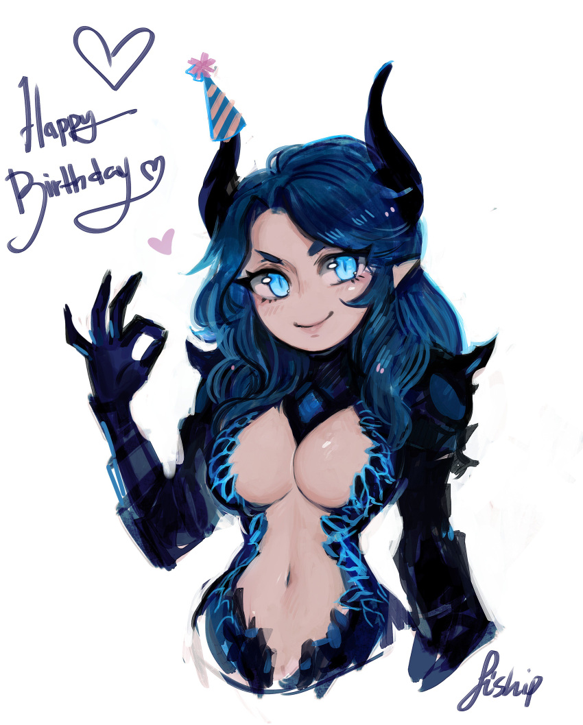 1girl absurdres blue_eyes blue_hair blue_theme breasts closed_mouth copyright_request fingernails hand_up happy_birthday hat heart highres horns large_breasts long_hair looking_at_viewer matilda_fiship navel no_nose ok_sign party_hat pointy_ears sharp_fingernails signature smile solo
