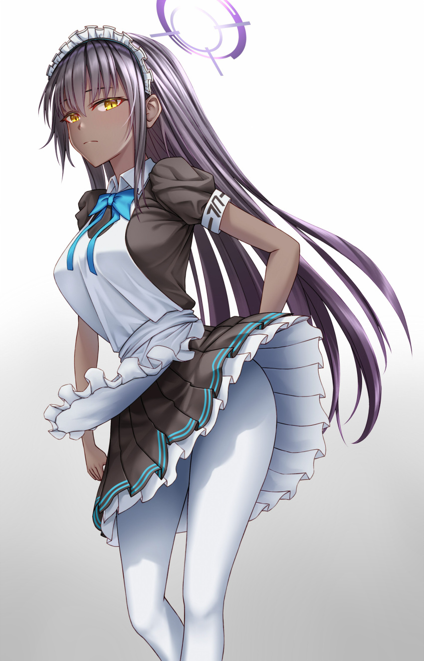1girl apron arm_behind_back bangs blue_archive blue_bow blue_bowtie bow bowtie breasts closed_mouth dark-skinned_female dark_skin eyebrows_visible_through_hair feet_out_of_frame halo highres karin_(blue_archive) long_hair looking_at_viewer maid maid_headdress medium_breasts naga_(pixiv70891418) pantyhose purple_hair solo standing unhappy white_apron white_background white_legwear yellow_eyes