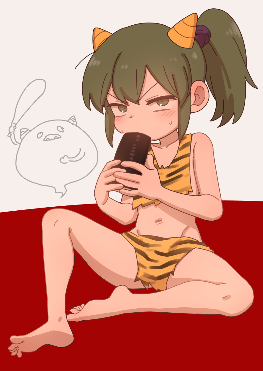 1girl absurdres animal_print bare_legs bare_shoulders barefoot blush food full_body green_eyes green_hair highres horns igarashi_futaba_(shiromanta) loincloth looking_at_viewer makizushi medium_hair navel oni_costume oni_horns ponytail senpai_ga_uzai_kouhai_no_hanashi setsubun shiromanta shiromanta_(character) sidelocks sitting sushi sweatdrop symbol-only_commentary tiger_print two-tone_background