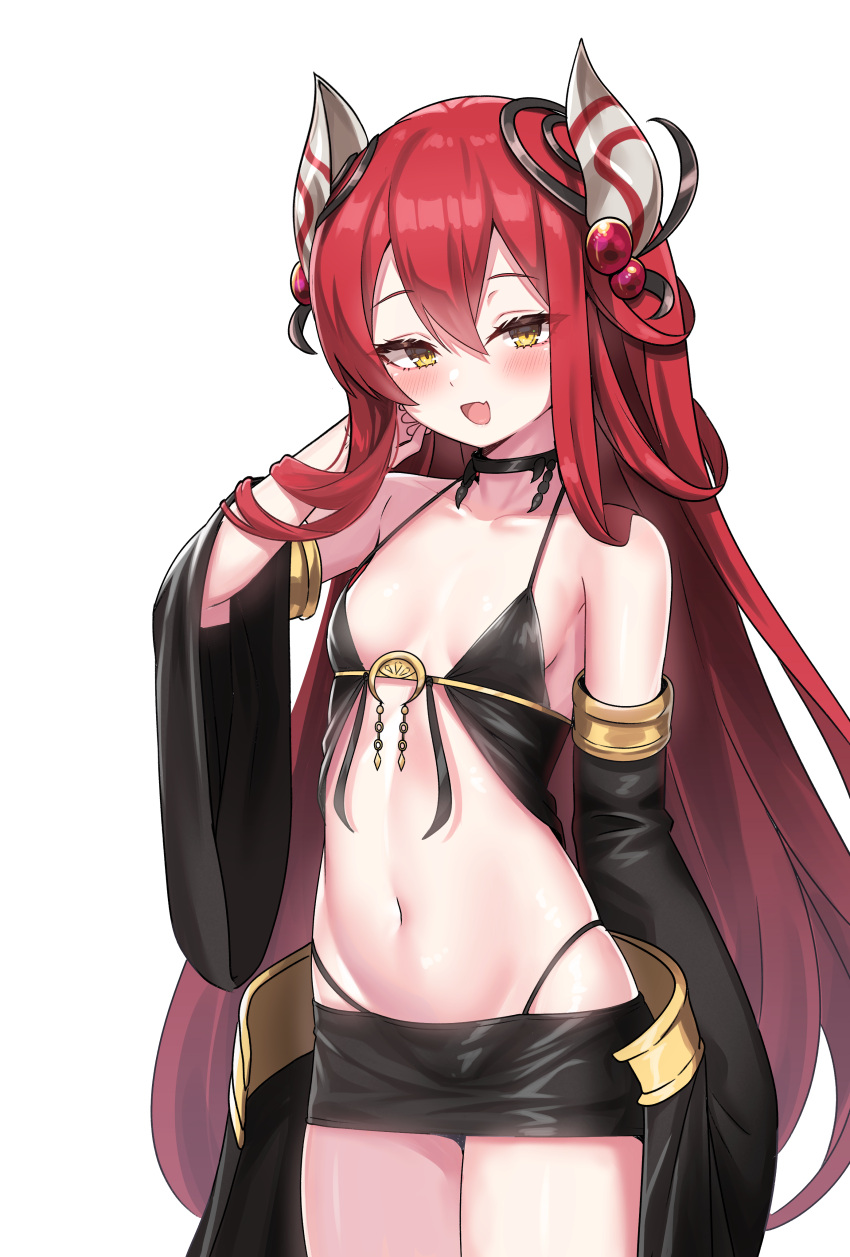 1girl :d absurdres bare_shoulders black_choker black_skirt breasts choker collarbone collared_shirt crop_top detached_sleeves duel_monster gomrang hair_ornament halter_top halterneck highleg highres horns long_hair long_sleeves looking_at_viewer midriff miniskirt navel no_bra panty_straps redhead revealing_clothes shirt skirt small_breasts smile solo spaghetti_strap stomach strap_gap thighs thong transparent_background traptrix_allomerus very_long_hair waist_cape wide_sleeves yellow_eyes yu-gi-oh!