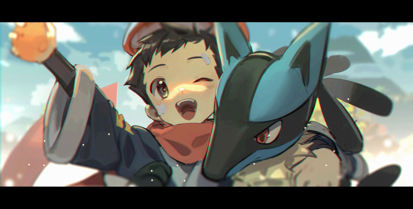 1boy ;d black_hair black_shirt blurry blush clouds commentary_request day floating_scarf grey_eyes grey_jacket hat highres holding holding_poke_ball jacket lucario male_focus one_eye_closed open_mouth outdoors poke_ball pokemon pokemon_(creature) pokemon_(game) pokemon_legends:_arceus red_headwear red_scarf rei_(pokemon) scarf shirt short_hair sky smile sora_(zwz030) teeth tongue