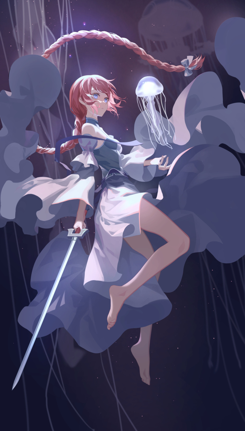 1girl absurdly_long_hair bare_shoulders barefoot blue_eyes bow braid breasts detached_sleeves dress full_body hair_bow highres holding holding_sword holding_weapon jellyfish long_hair original pink_hair small_breasts solo sword tsuki-shigure very_long_hair weapon white_dress wide_sleeves