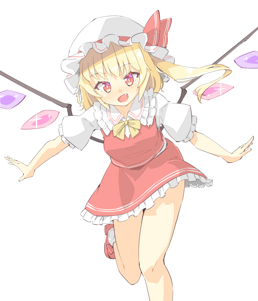 1girl arnest bangs blonde_hair bow bowtie crystal eyebrows_visible_through_hair fang flandre_scarlet flower frilled_skirt frills hat hat_ribbon highres leg_up looking_at_viewer one_side_up open_mouth red_eyes red_flower red_ribbon red_skirt red_vest ribbon shirt short_sleeves simple_background skirt smile solo touhou vest white_background white_headwear white_legwear white_shirt wings yellow_bow yellow_bowtie