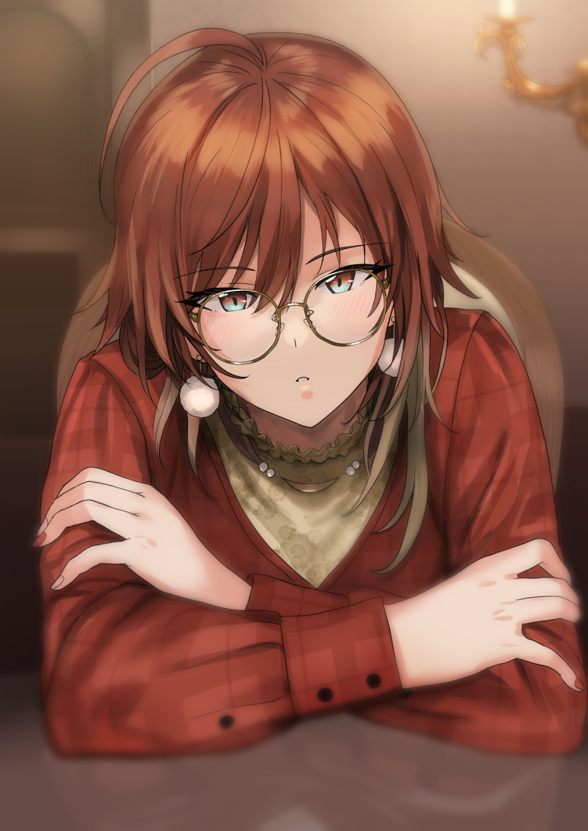 1girl :o ahoge aketa_mikoto bespectacled blonde_hair blush brown_hair collar crossed_arms earrings frilled_collar frills glasses gradient_hair highres holding_own_arm idolmaster idolmaster_shiny_colors indoors jewelry looking_at_viewer multicolored_eyes multicolored_hair nail_polish on_chair plaid plaid_shirt round_eyewear shirt sitting solo tsurui upper_body