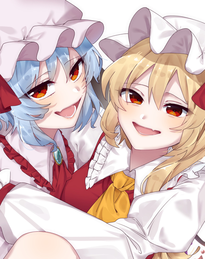 2girls blonde_hair blue_hair bow crystal dress eringi_(rmrafrn) fang flandre_scarlet frilled_shirt_collar frills hat highres long_sleeves looking_at_viewer mob_cap multiple_girls open_mouth puffy_sleeves red_eyes red_vest remilia_scarlet short_hair siblings side_ponytail simple_background sisters smile touhou vampire vest white_background