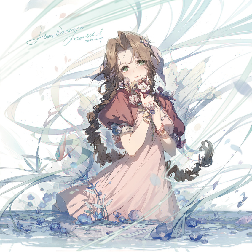 1girl abstract_background aerith_gainsborough bangs blue_flower bouquet bracelet braid brown_hair character_name closed_mouth cropped_jacket dated dress eyebrows_visible_through_hair final_fantasy final_fantasy_vii flower green_eyes happy_birthday highres holding holding_bouquet jacket jewelry kieta lipstick long_hair looking_at_viewer makeup open_clothes open_jacket parted_bangs petals pink_dress puffy_short_sleeves puffy_sleeves red_jacket short_sleeves single_braid smile solo very_long_hair wading water