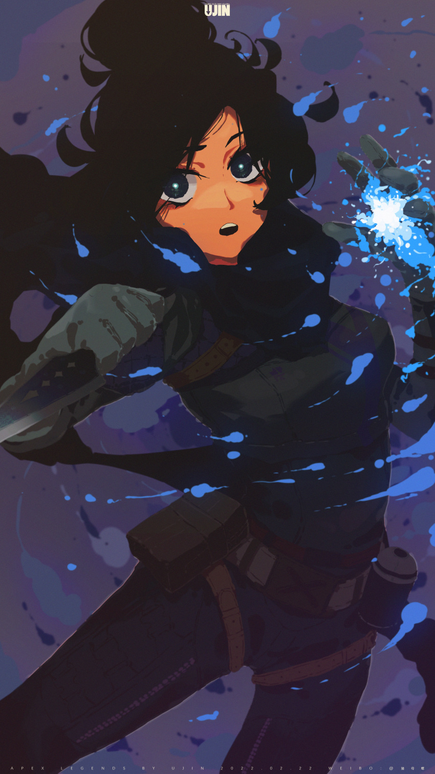 1girl absurdres apex_legends belt black_bodysuit black_hair black_scarf blue_eyes bodysuit breasts brown_belt chinese_commentary floating_hair hair_bun highres holding holding_knife knife kunai leaning_back medium_breasts open_hand open_mouth scarf solo surprised thigh_strap weapon wraith's_kunai wraith_(apex_legends) you_ren