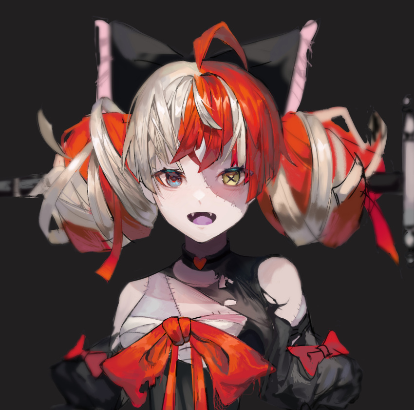 1girl ahoge bandaged_arm bandages bare_shoulders black_bow black_choker blue_eyes bow choker cropped double_bun eyes_visible_through_hair fangs grey_background grey_hair hair_bun heart heart_choker heterochromia highres hololive hololive_indonesia kureiji_ollie large_bow long_hair open_mouth patchwork_skin puffy_sleeves rain_rakan red_bow redhead simple_background smile solo stab stitches sword symbol-shaped_pupils teeth tongue torn torn_bow torn_clothes upper_body virtual_youtuber weapon x_x yellow_eyes zombie