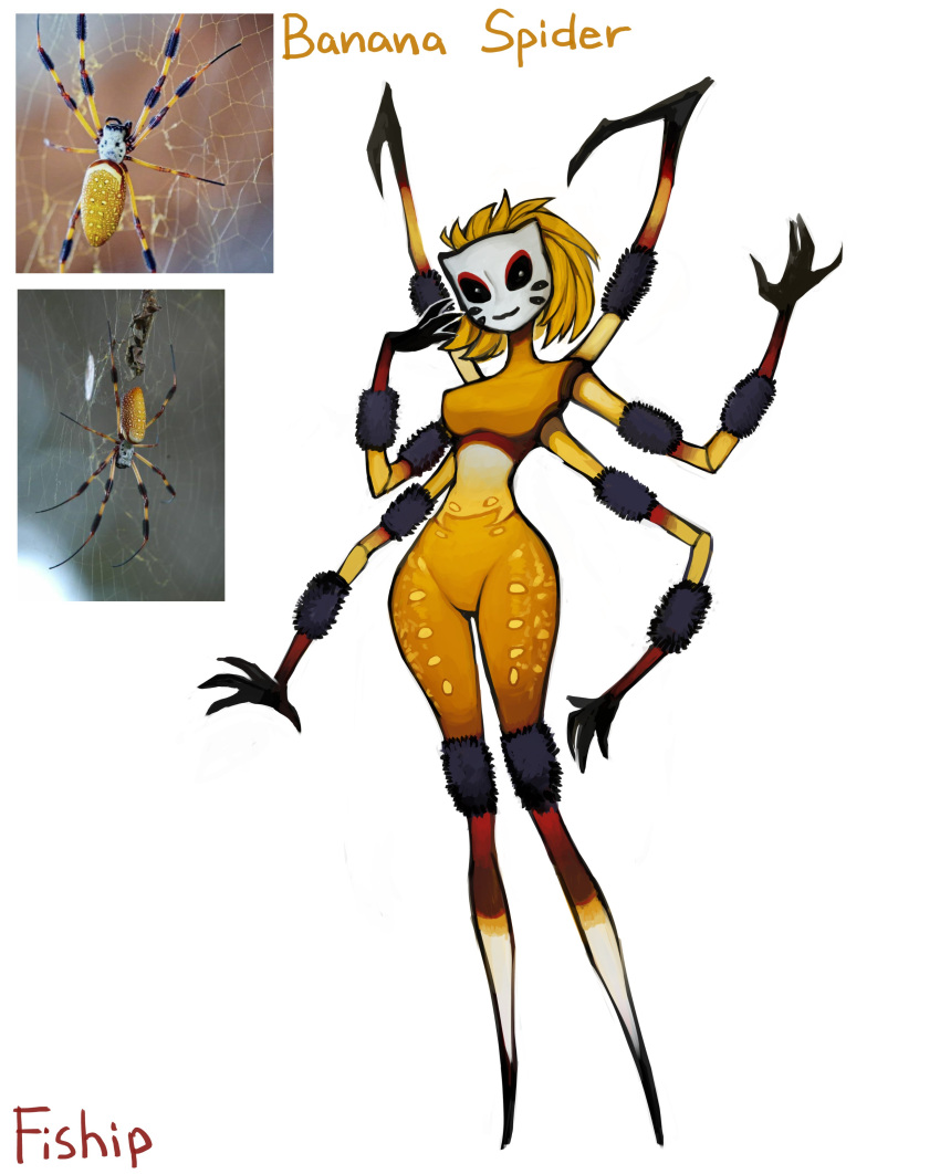 1girl absurdres arthropod_girl arthropod_limbs artist_name banana_spider black_sclera blonde_hair bug closed_mouth colored_sclera colored_skin extra_arms fewer_digits highres looking_at_viewer matilda_fiship monster_girl no_feet original short_hair simple_background smile solo spider spider_girl white_background yellow_skin