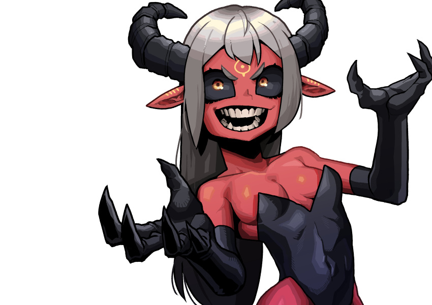 1girl absurdres bare_shoulders black_gloves black_horns black_sclera claws cocomayo29_(tomato) collarbone colored_sclera colored_skin covered_navel demon_girl demon_horns elbow_gloves facial_mark fingernails gloves highres horns long_fingernails long_hair open_mouth orange_eyes original playboy_bunny pointy_ears red_skin sharp_fingernails simple_background smile solo teeth white_background