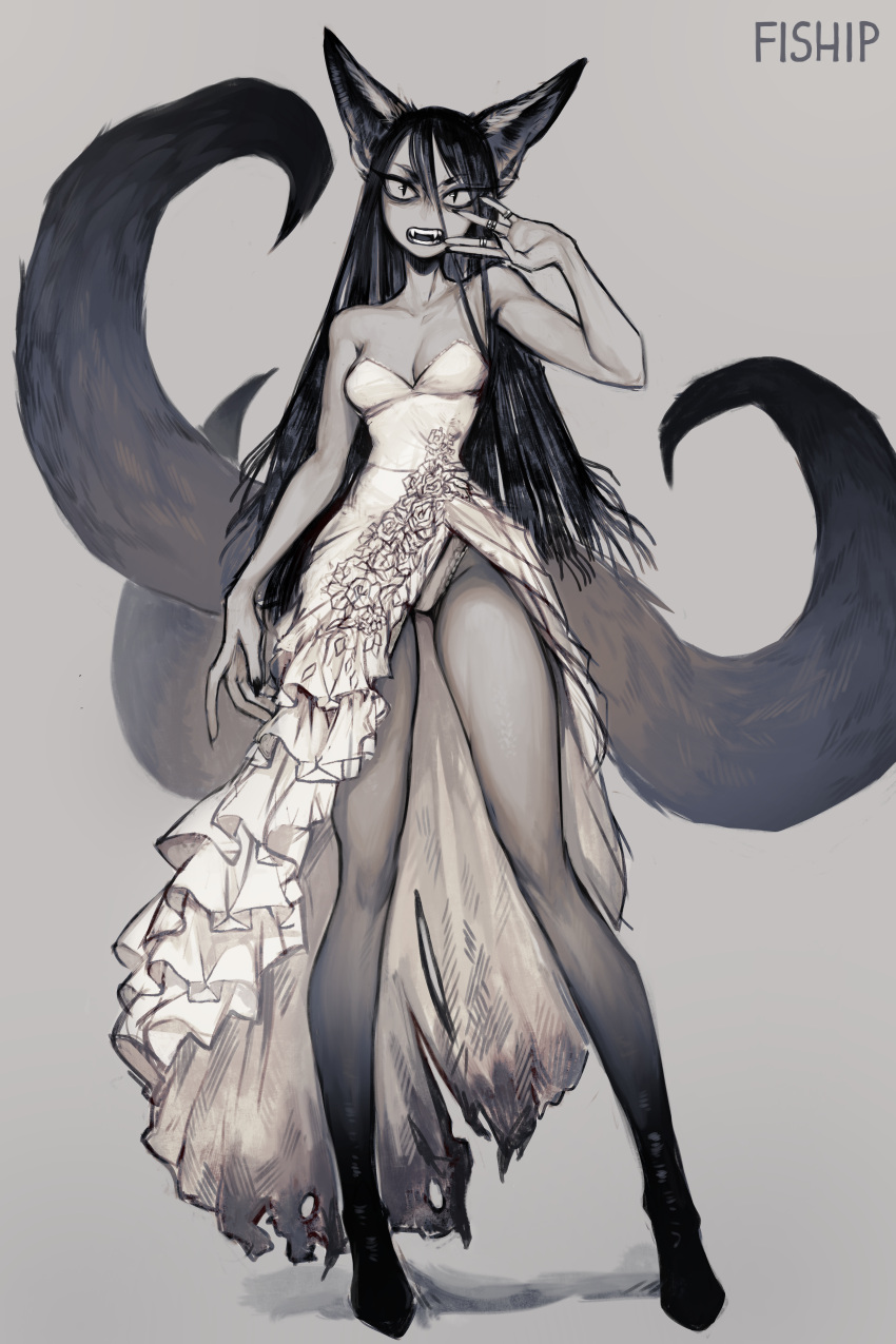 1girl absurdres animal_ear_fluff animal_ears artist_name bare_arms bare_shoulders black_hair breasts collarbone dress english_commentary fangs fingernails fox_ears fox_girl fox_tail full_body grey_background grey_eyes hair_between_eyes hand_up highres jewelry long_hair looking_at_viewer matilda_fiship medium_breasts multiple_tails open_mouth original panties ring sharp_fingernails simple_background slit_pupils solo standing strapless strapless_dress tail teeth torn_clothes torn_dress underwear v-shaped_eyebrows white_dress white_panties