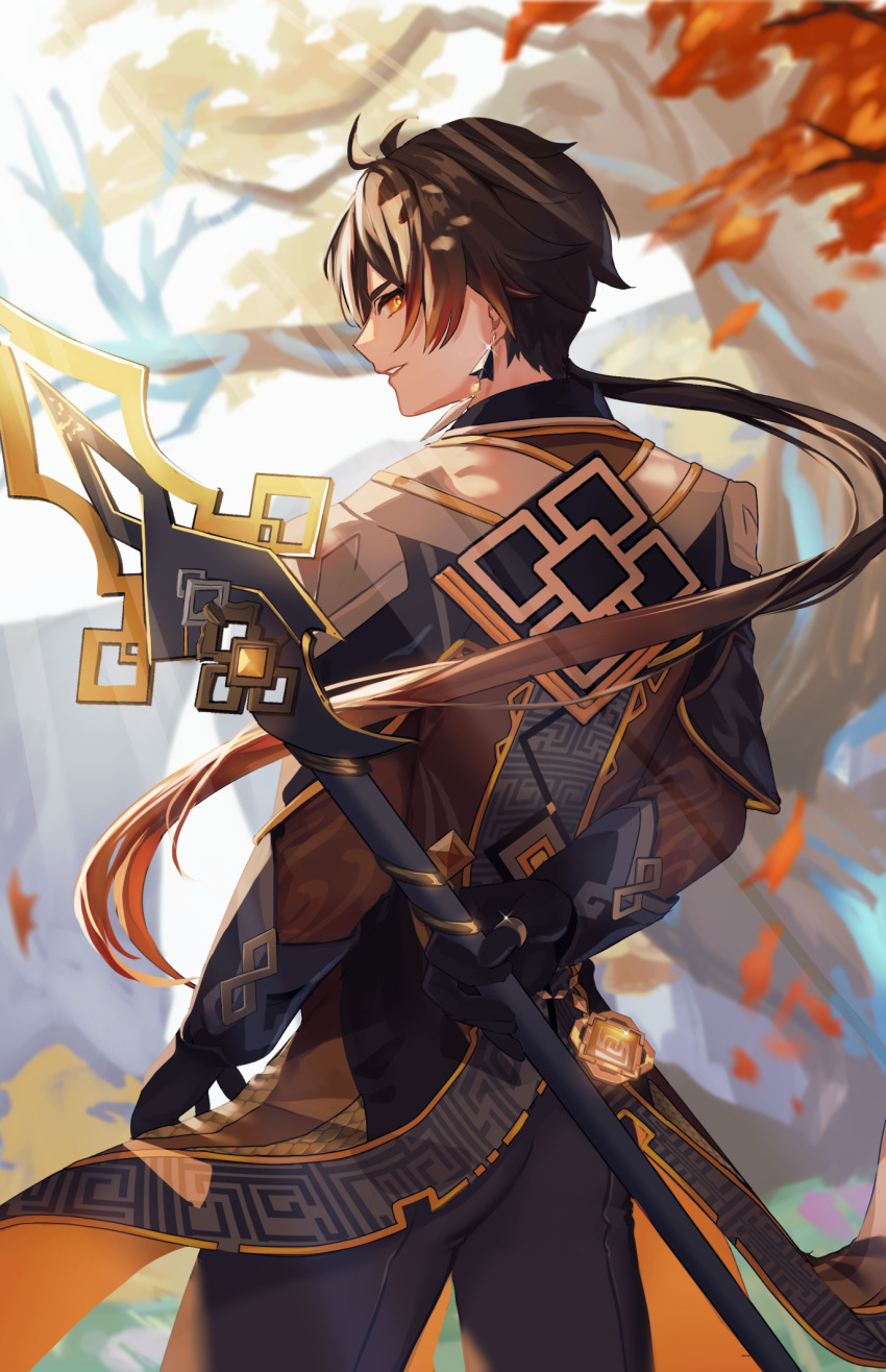 1boy anzu0130 arm_behind_back bangs black_hair black_pants branch brown_hair coat commentary_request day earrings genshin_impact gradient_hair highres holding holding_polearm holding_weapon jewelry leaf long_hair long_sleeves looking_at_viewer male_focus multicolored_hair orange_eyes outdoors pants parted_lips polearm ponytail single_earring solo spear tassel tassel_earrings tree very_long_hair vision_(genshin_impact) weapon zhongli_(genshin_impact)