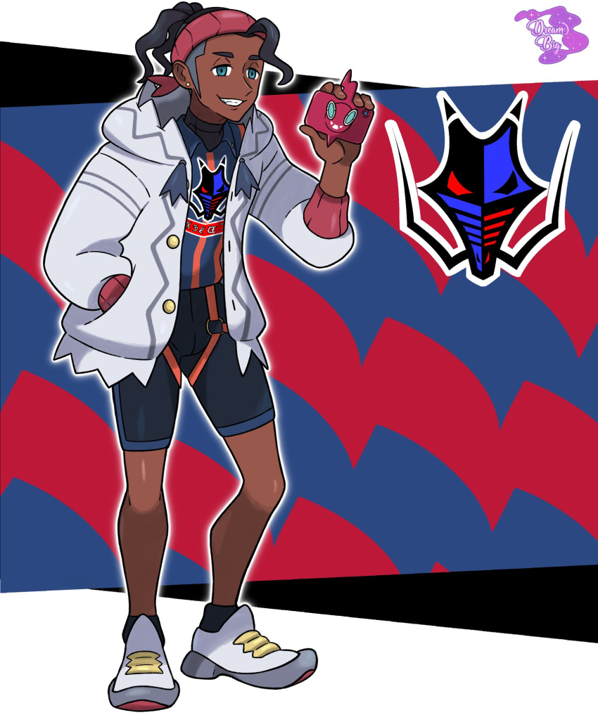 1boy aqua_eyes bike_shorts black_hair dark-skinned_male dark_skin dreambig earrings full_body grin hand_in_pocket highres jacket jewelry looking_at_viewer male_focus pokemon pokemon_(game) pokemon_swsh raihan_(pokemon) red_headwear rotom rotom_phone shoes smile sneakers solo tareme undercut watermark white_jacket