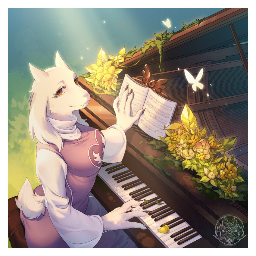 1girl animal_ears breasts bug butterfly flower furry furry_female goat_ears goat_girl highres horns instrument looking_at_viewer music outdoors piano plant playing_instrument reignbeaux reignbeaux13 solo toriel undertale