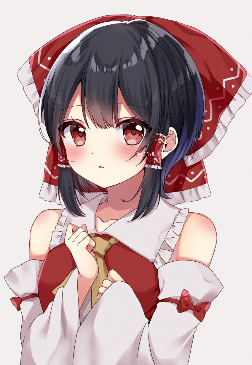 1girl ascot bangs bare_shoulders black_hair blush bow breasts collarbone collared_dress commentary_request detached_sleeves dress eyebrows_visible_through_hair eyes_visible_through_hair frills grey_background hair_between_eyes hair_ornament hair_tubes hakurei_reimu hands_up heart heart-shaped_pupils highres long_sleeves looking_away medium_breasts open_mouth red_bow red_dress red_eyes shinonome_asu short_hair simple_background solo symbol-shaped_pupils touhou twitter_username wide_sleeves yellow_ascot