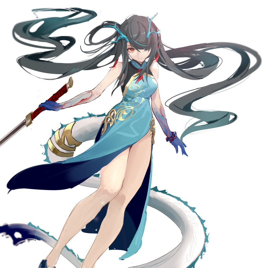 1girl absurdres arknights bare_legs bare_shoulders black_hair blue_dress blue_hair blue_skin breasts china_dress chinese_clothes closed_mouth colored_skin dragon_girl dragon_horns dragon_tail dress dusk_(arknights) dusk_(everything_is_a_miracle)_(arknights) dutch_angle earrings feet_out_of_frame gradient_hair gradient_skin hair_over_one_eye highres holding holding_sword holding_weapon horns jewelry long_hair looking_at_viewer medium_breasts multicolored_hair official_alternate_costume pelvic_curtain red_eyes simple_background sleeveless sleeveless_dress smile solo standing sword tail very_long_hair weapon white_background ximubingo