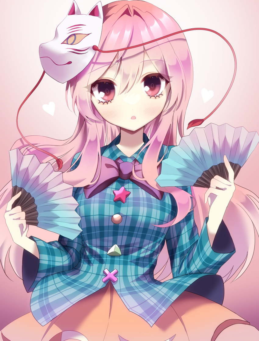 1girl absurdres bangs blue_shirt blush bow bowtie breasts circle collared_shirt commentary_request cross eyebrows_visible_through_hair eyes_visible_through_hair hair_between_eyes hand_fan hands_up hata_no_kokoro heart heart_in_eye highres long_hair long_sleeves looking_at_viewer mask mask_removed medium_breasts niningani_ww open_mouth orange_skirt pink_background pink_eyes pink_hair plaid plaid_shirt purple_bow purple_bowtie shirt skirt solo standing star_(symbol) symbol_in_eye touhou triangle wide_sleeves