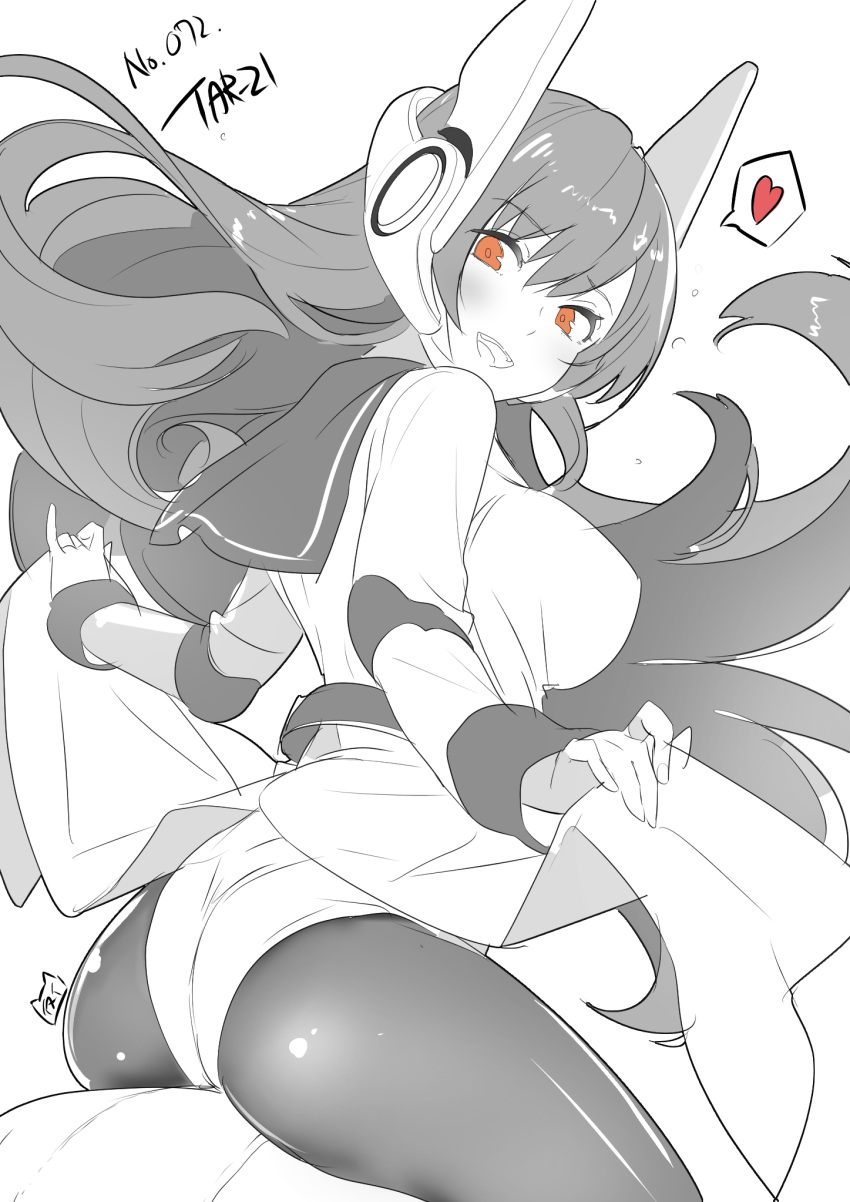 1girl ass belt blush breasts eyebrows_visible_through_hair girl_on_top girls_frontline hair_between_eyes heart highres jacket leotard long_hair long_sleeves medium_breasts monochrome open_mouth pants pantyhose red_eyes robot_ears sailor_collar sexually_suggestive tailcoat tar-21_(girls'_frontline) yamacchi