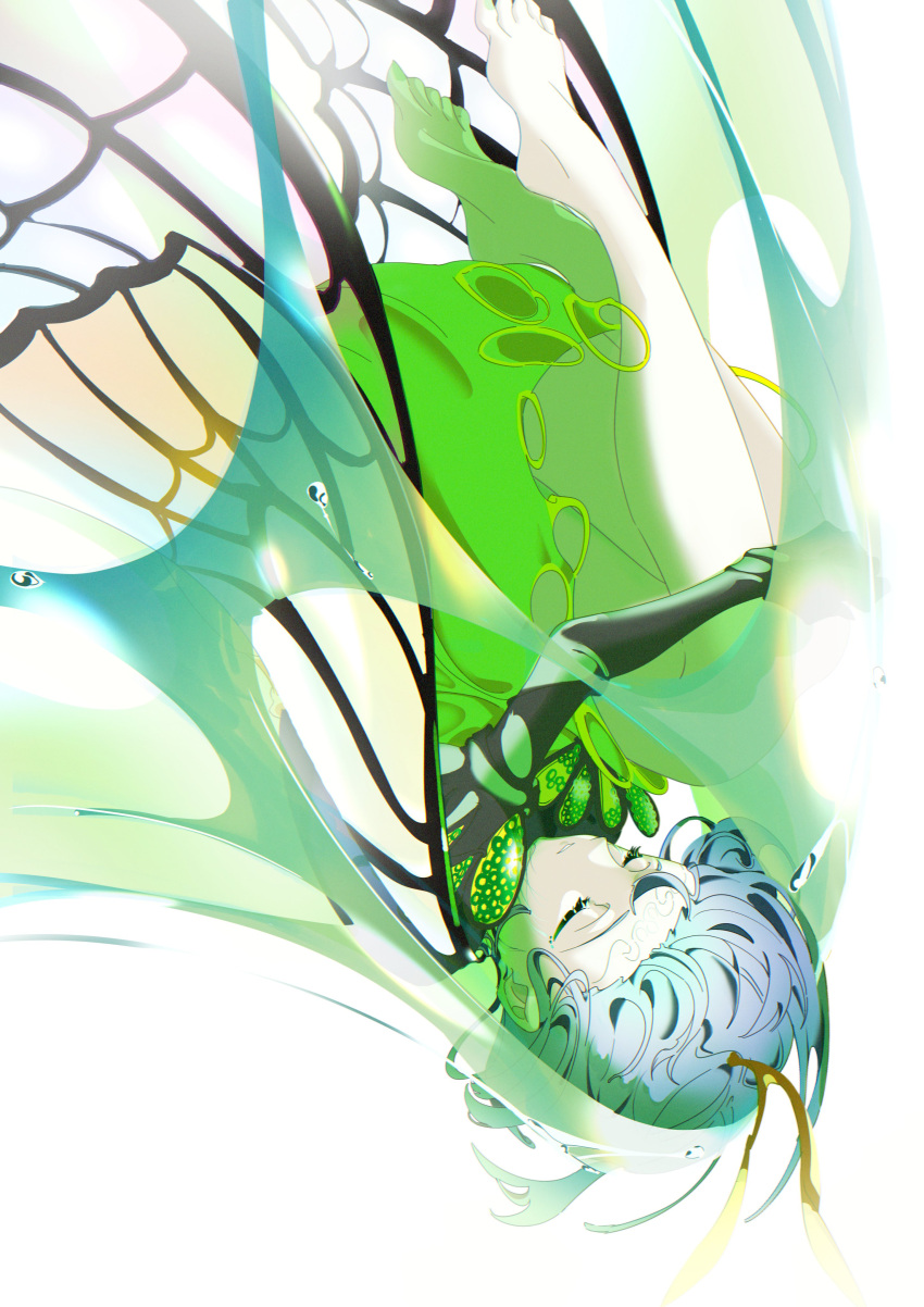 1girl absurdres antennae aqua_hair bare_legs barefoot black_gloves butterfly_wings closed_eyes commentary dress eternity_larva fetal_position full_body gem gloves green_dress hands_on_own_knees highres knees_up mizoreshi parted_lips short_hair solo teeth touhou upside-down water_drop wings