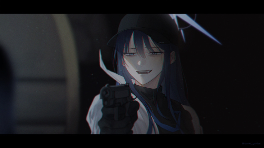 1girl aiming bangs baseball_cap black_gloves black_headwear black_skirt blue_archive blue_eyes blue_hair blurry depth_of_field disdain gloves gun hair_between_eyes halo handgun harlow_garden hat jacket letterboxed long_hair looking_ahead m1911 off_shoulder parody parted_lips pistol portrait saori_(blue_archive) scowl skirt sleeveless smirk sneer twitter_username weapon white_jacket