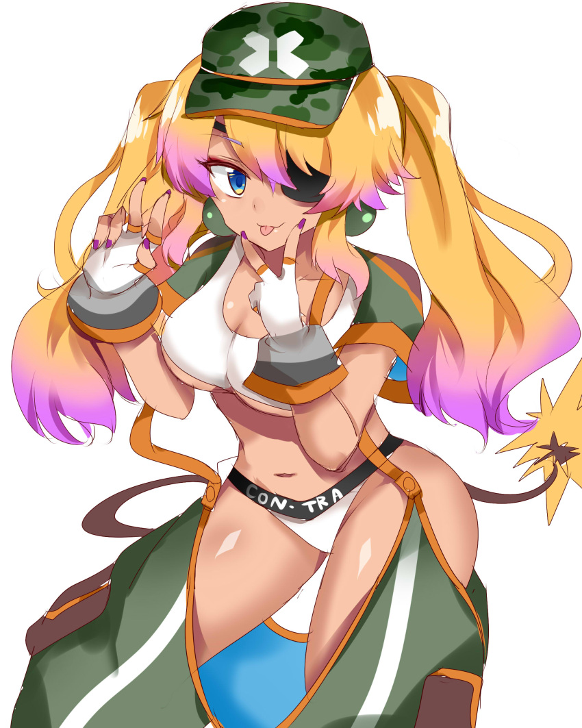 absurdres blonde_hair blue_eyes bombergirl breasts camouflage camouflage_headwear character_request cropped_jacket earrings eyepatch fingerless_gloves fuse fuse_tail gaoohohaha gloves green_jacket highres jacket jewelry lit_fuse medium_breasts navel panties pink_hair purple_nails simple_background sketch sports_bra tongue tongue_out twintails two-tone_background under_boob underwear v white_background wide_hips