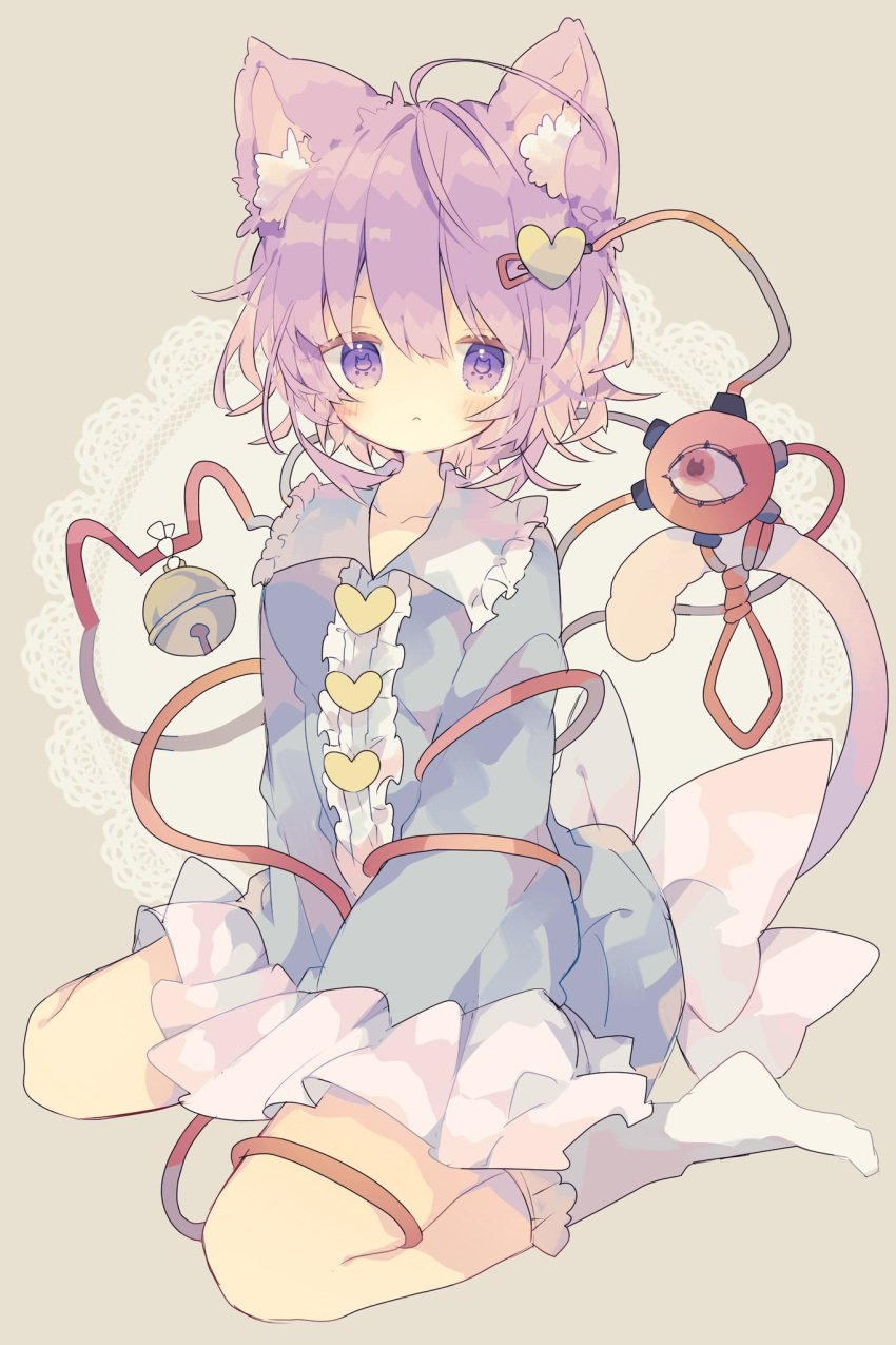 1girl :&lt; animal_ear_fluff animal_ears bell between_legs blouse blue_blouse blush bobby_socks bow buttons cat_ears cat_tail closed_mouth commentary eyebrows_behind_hair frilled_shirt_collar frilled_skirt frilled_sleeves frills full_body hair_between_eyes hair_ornament hand_between_legs heart heart_button heart_hair_ornament highres kemonomimi_mode kneeling komeiji_satori long_sleeves looking_at_viewer nikorashi-ka pink_bow pink_skirt purple_hair red_eyes short_hair skirt socks solo symbol-shaped_pupils tail third_eye touhou v_arms violet_eyes waist_bow white_legwear wide_sleeves